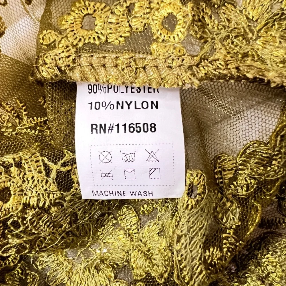 #A048   FT INC Olive Green Embroidered Mesh Top with High Neck, Sequins, XL - Picture 10 of 12